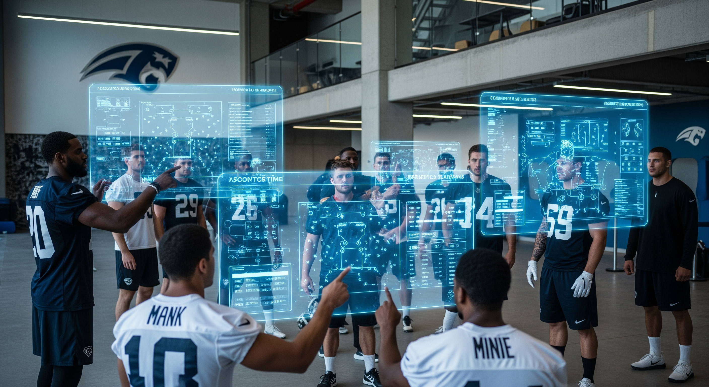 Football players learning about sports with futuristic data overlay visualization