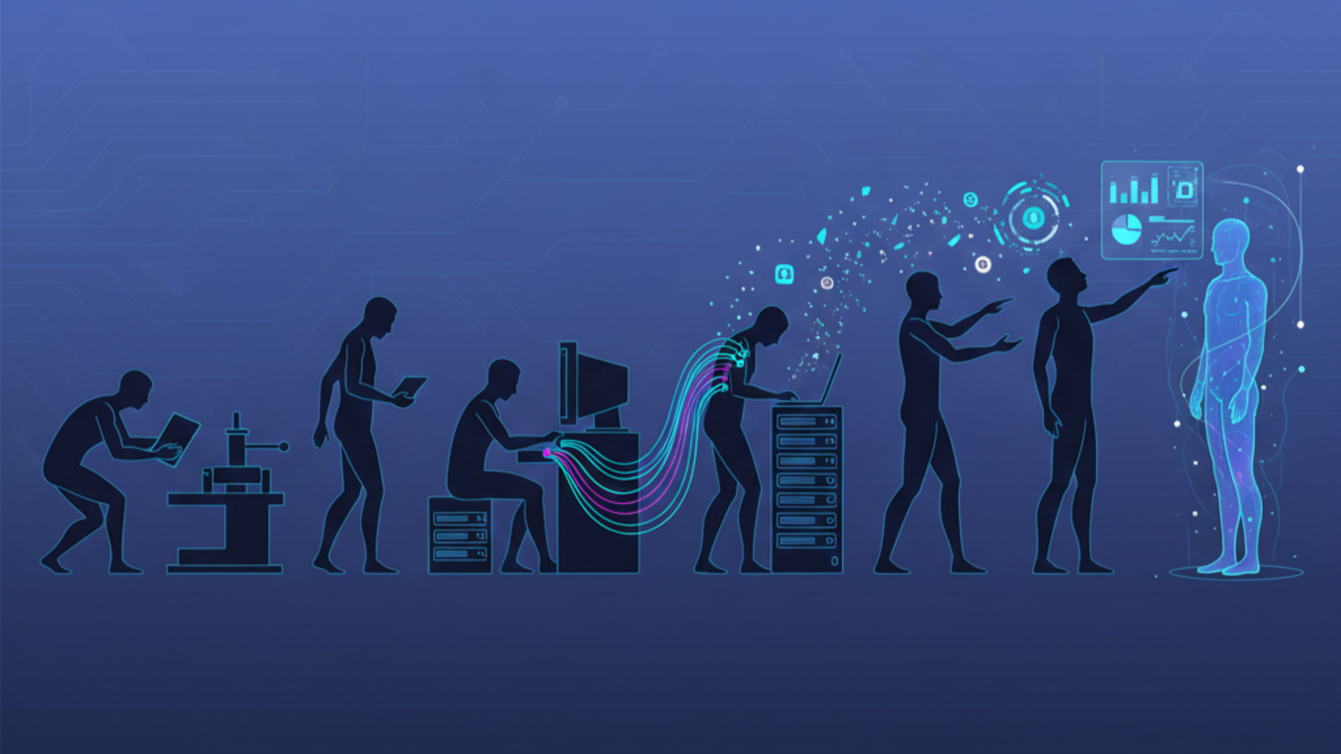 Modern visualization showing evolution from primitive data sharing to advanced AI-powered analytics delivery