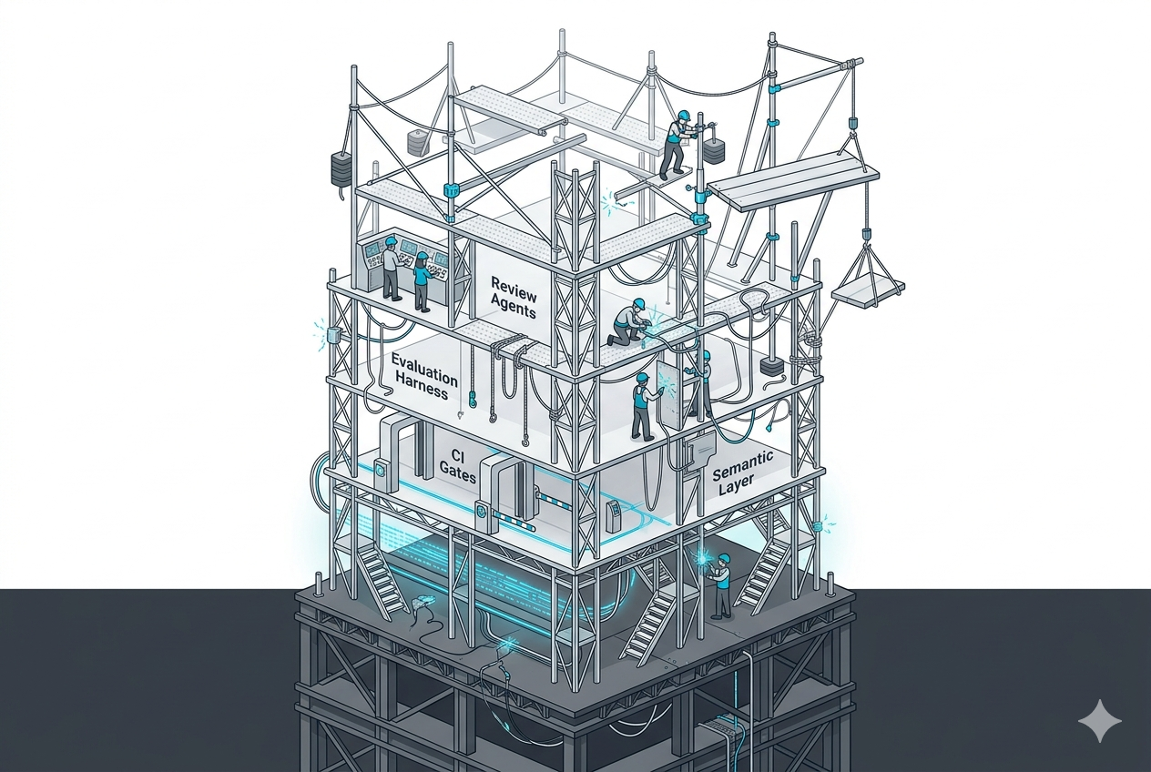 Isometric illustration of a tall, multi-layered scaffolding tower labeled Semantic Layer, CI Gates, Evaluation Harness, and Review Agents, with workers actively welding, wiring, and patching every level to keep it standing