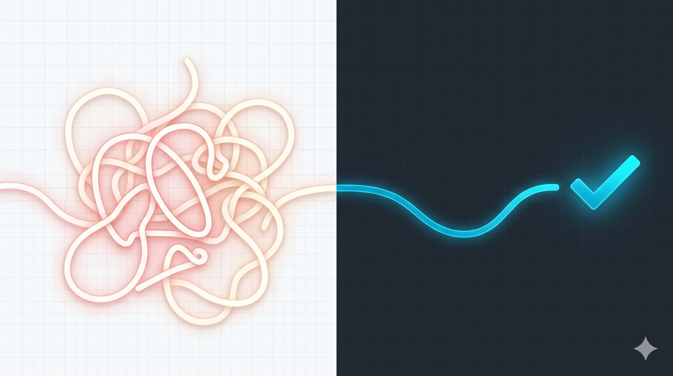A split illustration: a chaotic tangle of regenerated query paths on a light grid resolving into a single clean, validated cyan path leading to a checkmark on a dark grid